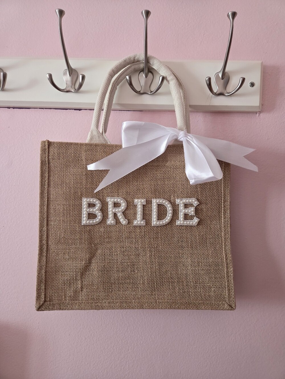 ❤️FIRM❤️ Bride Jute Tote Bag with Pearl Lettering and White Bow